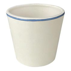 a large white cup with blue trim on the rim and bottom, sitting in front of a white background