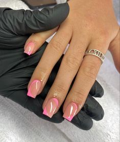 pink, nails, acrylic, trendy nail art, summer nails, teen nails, mature nails, long nails, trendy, pink nails, simple nails Summer Nails Simple Square, French Manicure Nails Colored, Nail Vibes, Pink Tip Nails, Buff Nails, Short Square Acrylic Nails, Manicure Nails, Thanksgiving Nails, Nails 2023