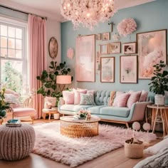 a living room filled with lots of furniture and pictures on the wall next to a window