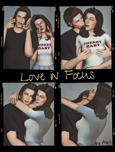 four pictures of two people hugging each other with the words love in focus on them