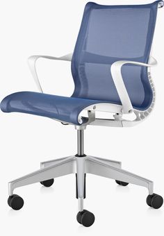 a blue office chair with wheels on it