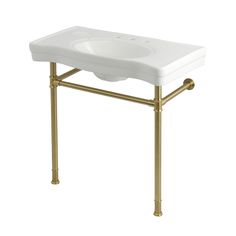 a white sink sitting on top of a gold stand next to a wall mounted faucet