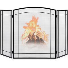 an open fire screen with flames coming out of the top and bottom panels, on a white background