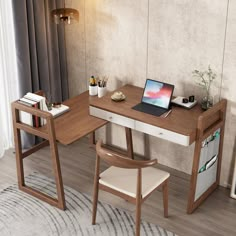 a laptop computer sitting on top of a wooden desk next to a chair and window