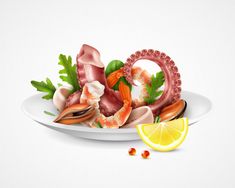 seafood on a plate with lemon slice and parsleys in the foreground illustration