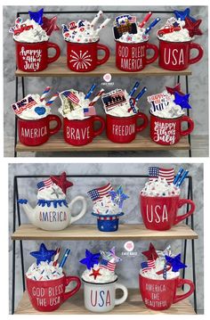 two shelves filled with patriotic mugs on top of each other in different colors and designs