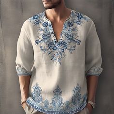 Category:Shirt; Season:Spring,Autumn / Fall,Fall,Summer; Fabric:Polyester; Sleeve Length:Long Sleeve; Look After Me:Machine wash,Hand wash,Washable; Gender:Men's; Style:Casual,Designer,Fashion,Streetwear,Soft; Tops Type:Shirt; Occasion:Daily,Outdoor; Age Group:Adults'; Fit Type:Regular Fit; Pattern:Floral; Design:Print; Neckline:Stand Collar; Brand:OUKU; Front page:FF; Listing Date:06/02/2023; Bust:; Length:; Shoulder Width:; Fit US Size:; Fit UK Size:; Fit EU Size:; Sleeve Length: Moda Hippie, Mens Printed Shirts, Graphic Print Top, Streetwear Mode, Linen Fashion, Mens Henley, Floral Graphic, Blue Khakis, Simple Prints