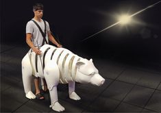 a man riding on the back of a white polar bear statue in front of a black background