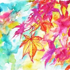 watercolor painting of colorful leaves on white paper