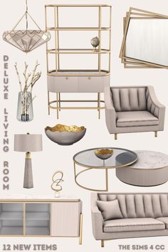 the living room furniture is all beige and gold