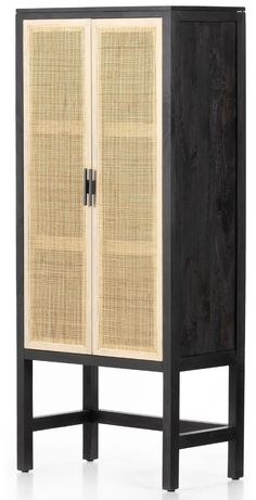 the cabinet is made out of wood and has two doors, one with rattan panels