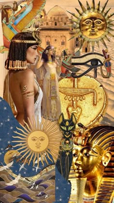 an egyptian collage with gold, blue and white colors is featured in this image