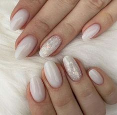 Milky White Nails, Bridesmaids Nails, Milky Nails, White Glitter Nails, Plaid Nails, White Nail Designs, Bride Nails, Oval Nails, Neutral Nails