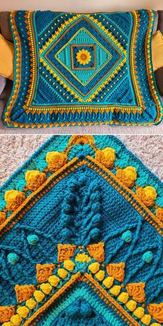 two crocheted afghans with yellow and blue designs on them, one in the middle