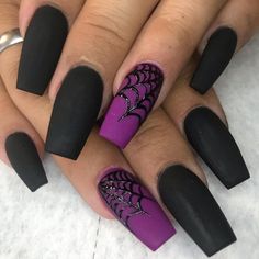 Black Halloween Nails, Purple Nail Designs, October Nails, Goth Nails, Purple Nail, Spider Webs, Halloween Nail Designs