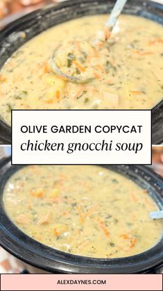 two pictures of chicken gnocchi soup with text overlay that reads olive garden copycat chicken gnocchi soup