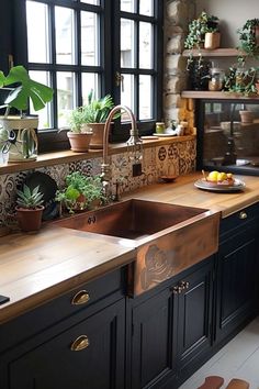 a kitchen filled with lots of wooden counter top next to a stove top oven covered in potted plants