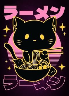 a black cat eating ramen from a bowl with chopsticks in its paws