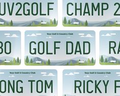 six license plates with the names of golf clubs and mountains in green, white and blue