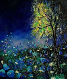 a painting of blue flowers and a tree in the night sky with bright light coming from behind