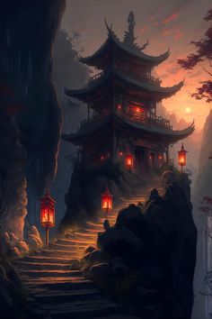 Temple Tattoo, Japan Painting, Samurai Artwork, Fantasy Places, Arte Inspo, Fantasy Art Landscapes