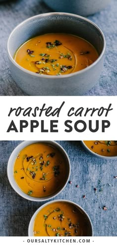 roasted carrot apple soup with pecans and thys in two white bowls on a blue cloth