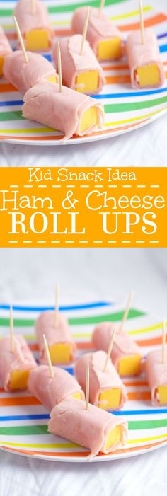 ham and cheese roll ups are on a plate with toothpicks in the middle