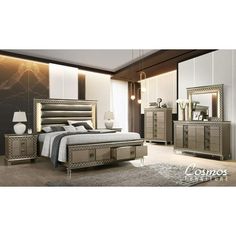 a bedroom scene with focus on the bed and dressers, mirror cabinet and nightstand