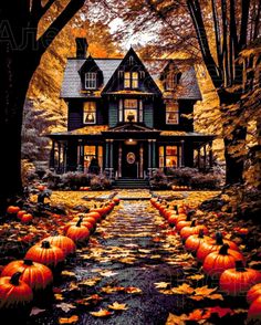 a house with pumpkins in front of it