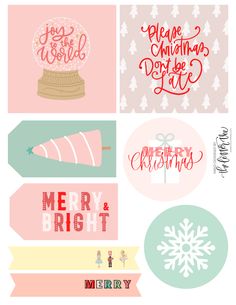 four christmas stickers with different designs and words on them, including snowflakes