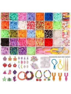 assorted rubber bands and accessories for making bracelets, necklaces, hair clips