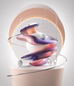 an abstract artwork with white, purple and red colors on it's surface in front of a circular object