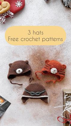 three crocheted hats with buttons on them