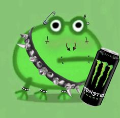 a cartoon frog holding a can of monster energy with spikes on it's head