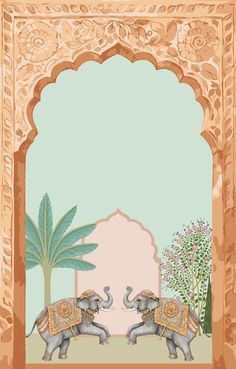 two elephants standing in front of an arch with trees and flowers on it's sides