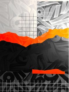 an abstract painting with black, orange and white colors