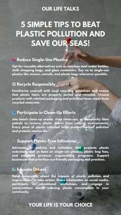 a woman holding a plastic bag with the words 5 simple tips to beat plastic pollution and save our seas