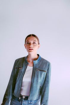 Our most-beloved RCR silhouette made in the softest suede, expertly dyed to a desaturated blue that feels like it was from decades past. Contrasted at collar and waistband with medium-blue gloss leather. The Cool Hour, Carmel Color, Metallic Jacket, The Cove, Heavy Coat