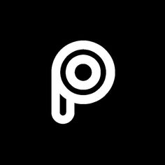 a black and white logo with the letter p in it's center, on a dark background