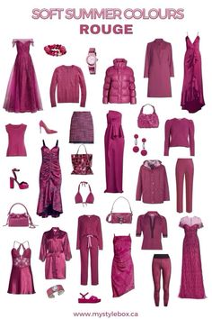 a bunch of different types of clothes and accessories in pink color with text that says, soft summer colours rouge