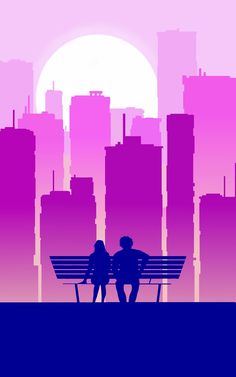 two people sitting on a bench in front of a cityscape with the sun setting