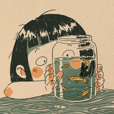 an illustration of a girl looking at fish in a jar