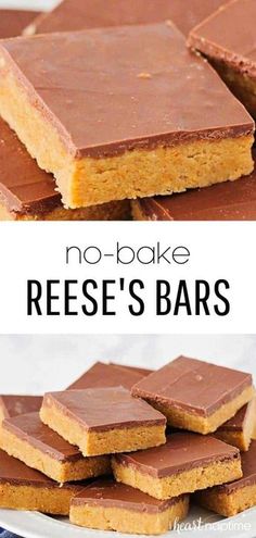 no - bake reese's bars on a white plate with text overlay