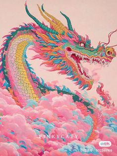 a painting of a dragon flying through the sky above clouds with pink and blue colors