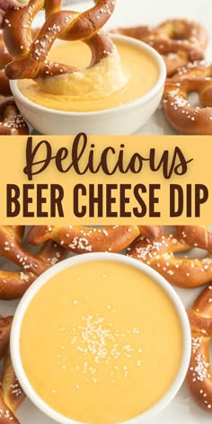 pretzels being dipped with beer cheese dip in front of other pretzels