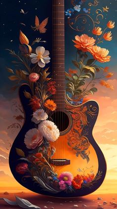 a painting of an acoustic guitar with flowers and butterflies on the top, in front of a sunset