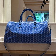 Goyard Bag Designer Blue Satchel With Large Capacity, Luxury Satchel Travel Bag For Errands, Luxury Blue Shoulder Bag, Luxury Blue Top Handle Bag, Luxury Top Handle Travel Bag For Errands, Luxury Travel Bag With Top Handle For Errands, Luxury Tote Duffle Bag For Errands, Designer Blue Bag With Double Handle, Luxury Blue Top Handle Satchel