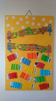 a bulletin board with music notes and musical notes on it, hanging from the wall