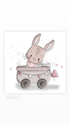 a rabbit sitting in a wagon with pink flowers on the ground and text that reads, happy