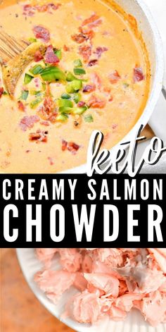 this creamy salmon chowder has been made in the slow cooker and is ready to be eaten